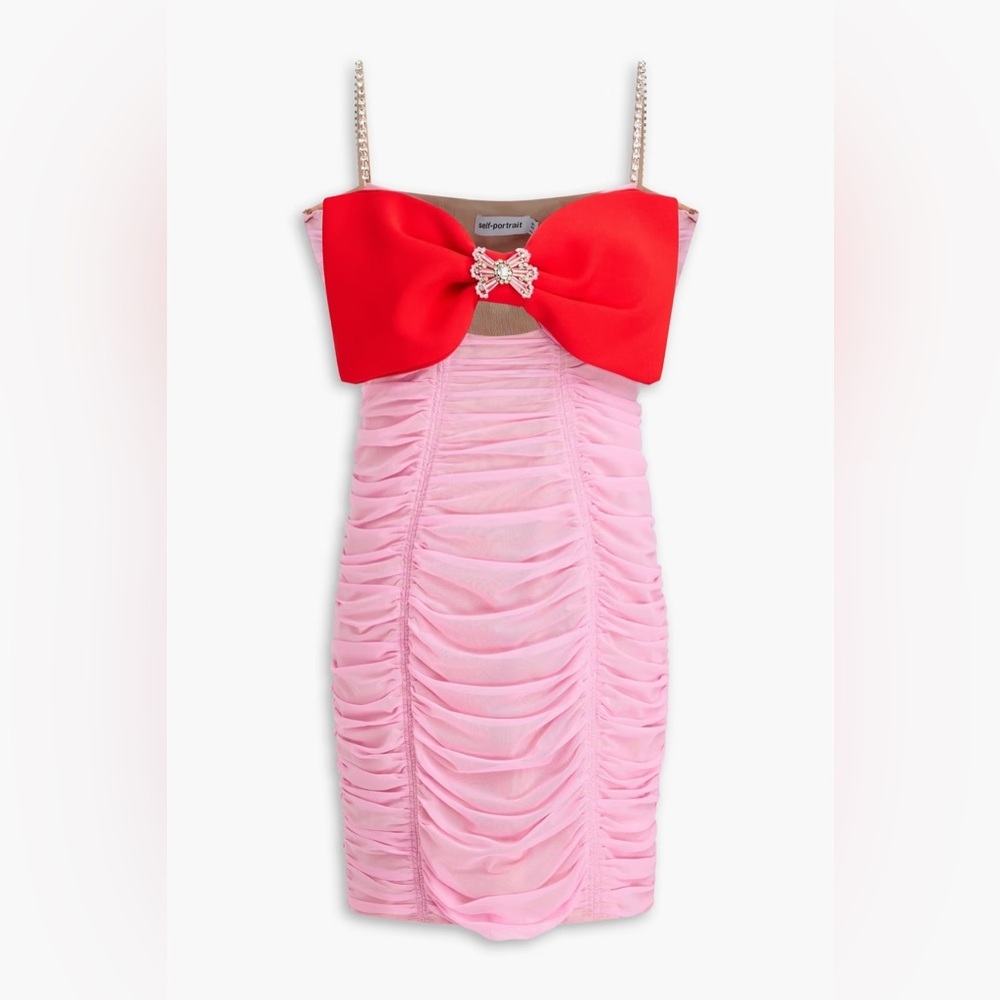 New! Self Portrait Bow Embellished Ruched Pink & Red Mini Dress 🎀 size 10 - Picture 13 of 16